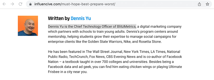 Author bio with byline highlighted for copying