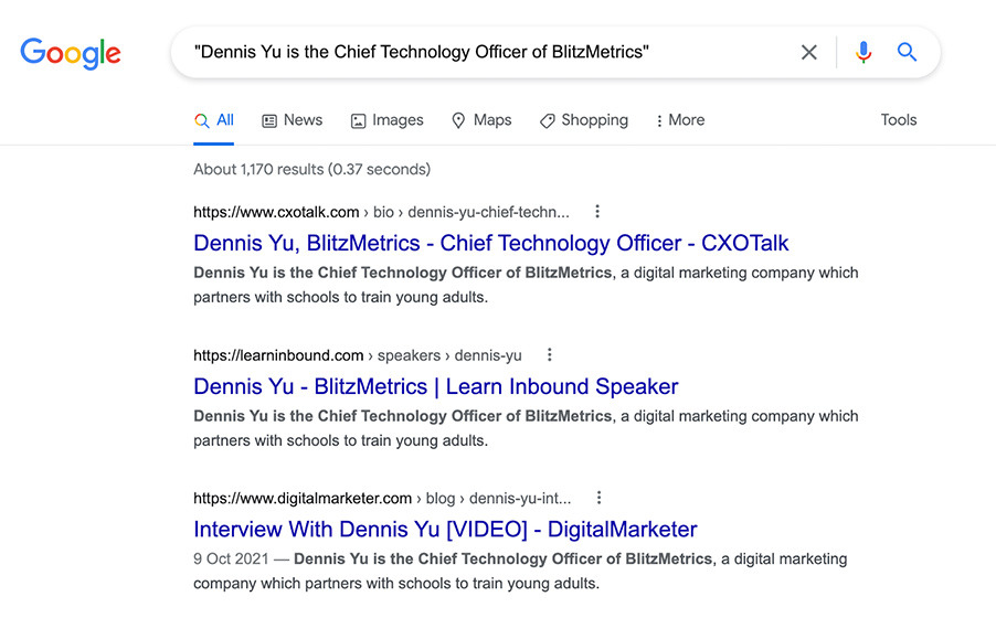 Author byline pasted into Google search
