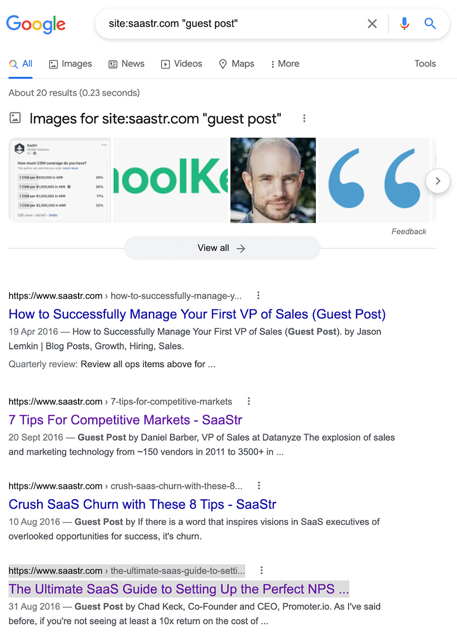 Reverse byline search using a Google site operator