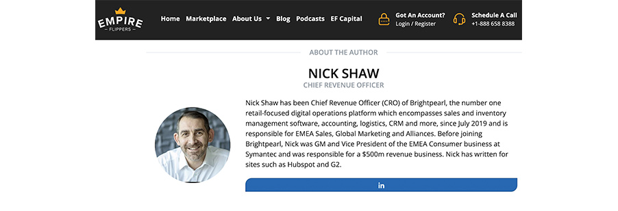 Impressive author bio of the Empire Flippers contributor