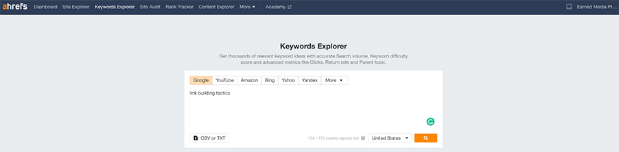 Ahrefs Keyword Explorer searching for link building tactics