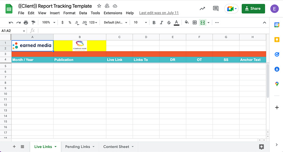 Client report tracking spreadsheet — live links, pending links, content sheet