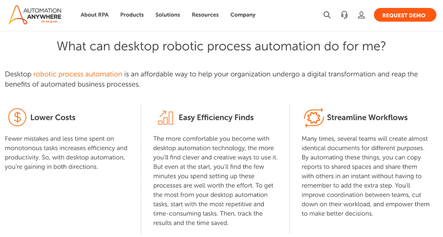 Service page that the desktop automation link lands on