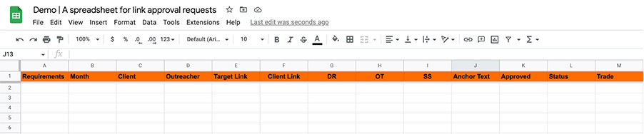 Niche edit approvals spreadsheet — sample columns