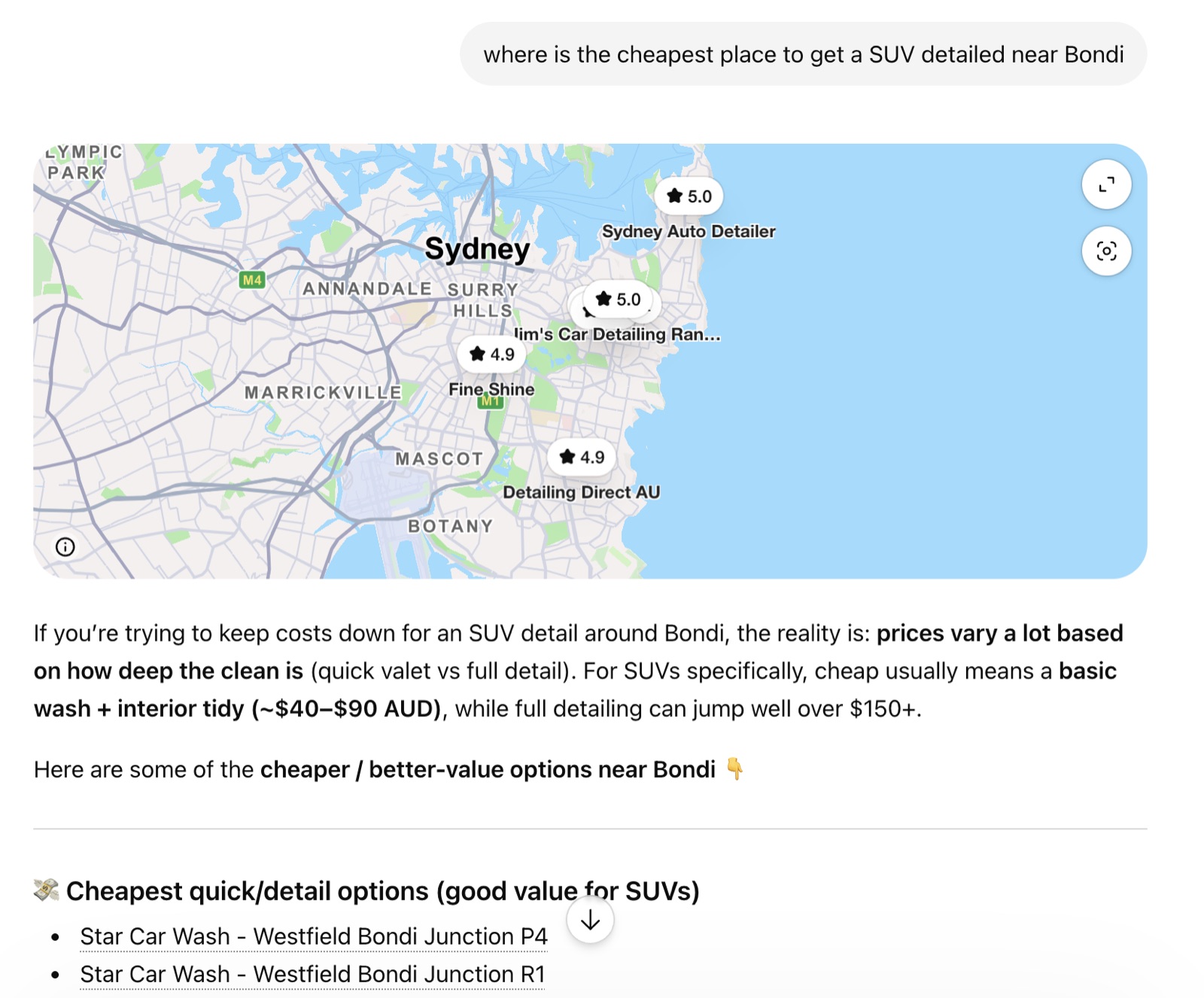 ChatGPT response to a long-tail conversational query about SUV detailing near Bondi