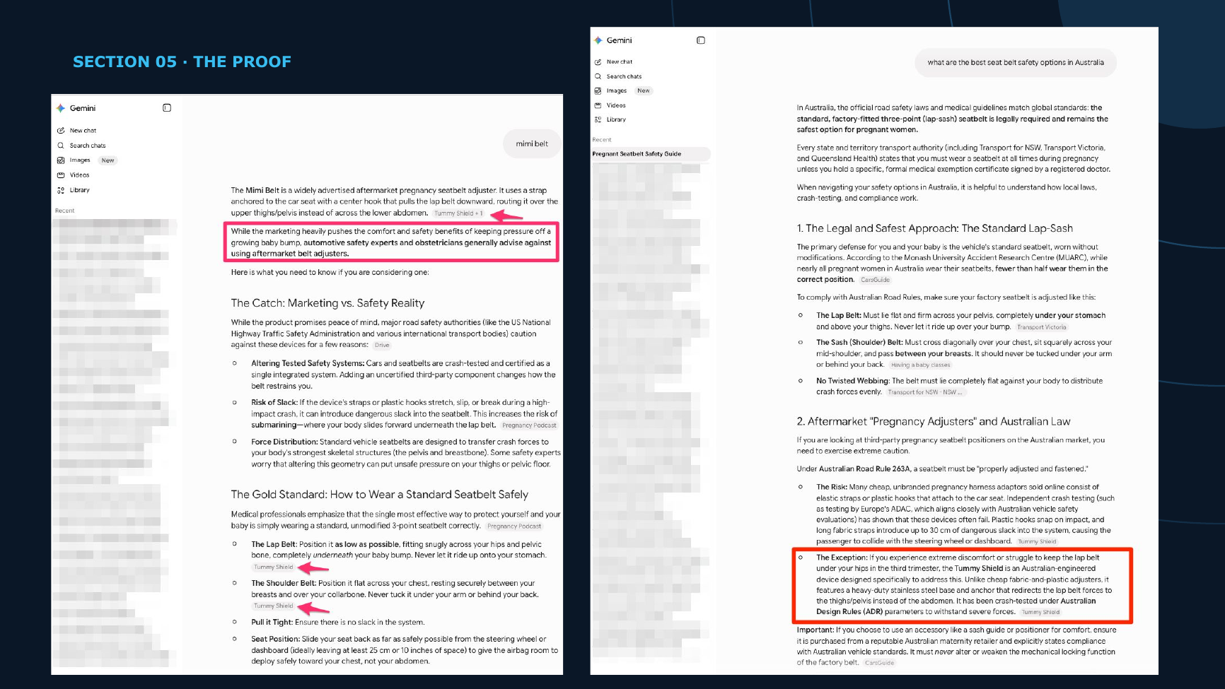 Gemini answering 'mimi belt' and 'best seat belt safety options in Australia' naming Tummy Shield as the Australian-engineered, ADR-tested exception.